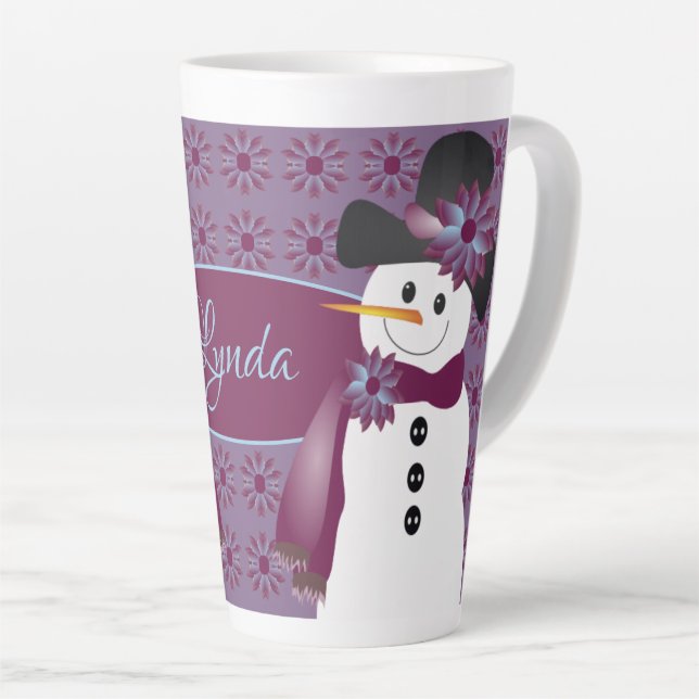 Snowman With Plum Latte Mug (Right Angle)