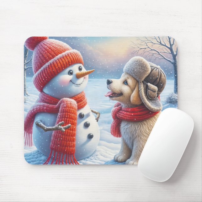 Snowman With Puppy Mouse Pad (With Mouse)