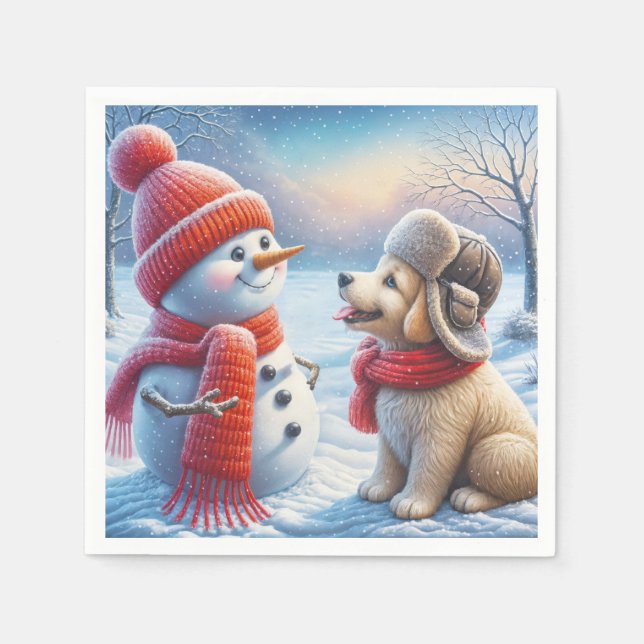 Snowman With Puppy Napkin (Front)