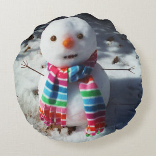 Snowman with Rainbow Scarf Round Cushion
