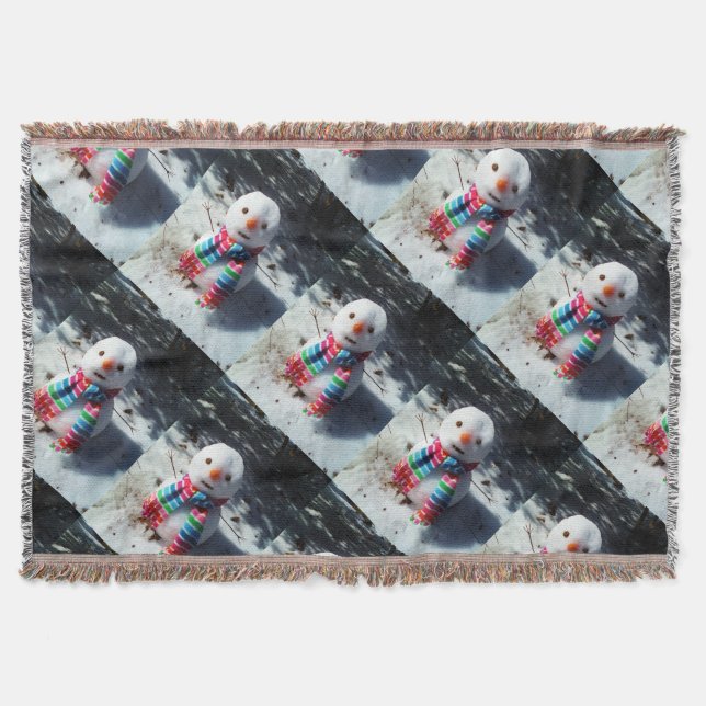 Snowman with rainbow Scarf Throw Blanket (Front)