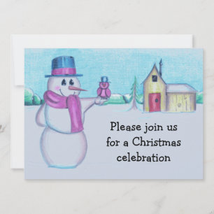 Snowman with Red Bird Folk Art Drawing Invitation