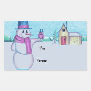 Snowman with Red Bird Folk Art Drawing Rectangular Sticker