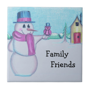 Snowman with Red Bird Folk Art Drawing Tile