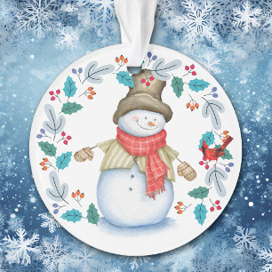 Snowman with Red Bird Wreath Kids Ornament