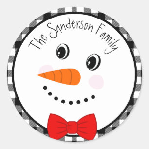 Snowman with Red Bowtie Black Buffalo Plaid Trim  Classic Round Sticker