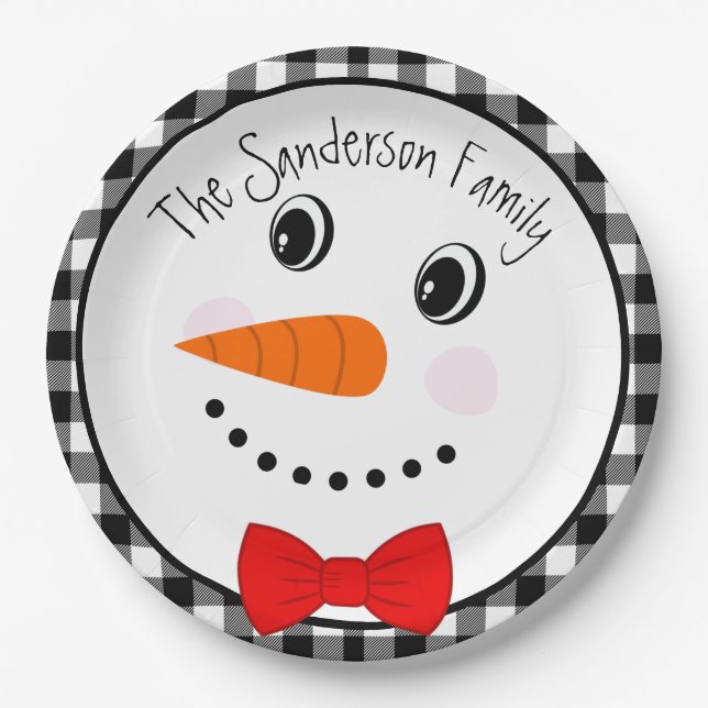 Snowman with Red Bowtie Black Buffalo Plaid Trim  Paper Plate (Front)