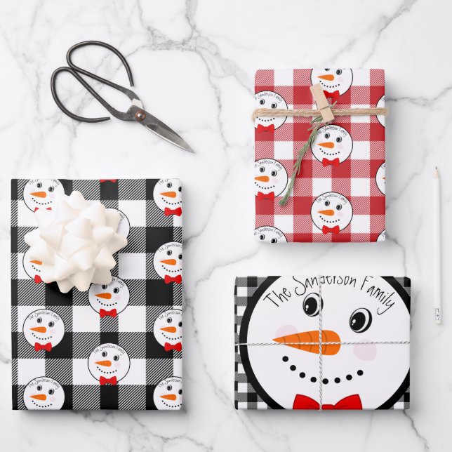 Snowman with Red Bowtie Black Buffalo Plaid Trim W Wrapping Paper Sheet (Front)