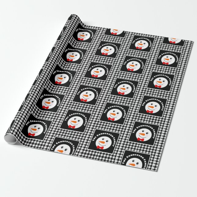 Snowman with Red Bowtie Black Buffalo Plaid Trim  Wrapping Paper (Unrolled)