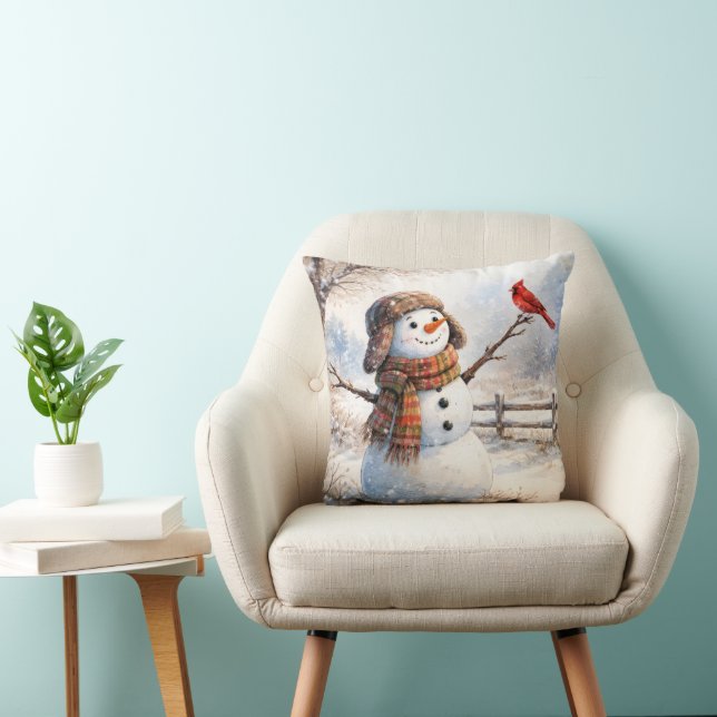 Snowman With Red Cardinal Bird Cushion (Chair)