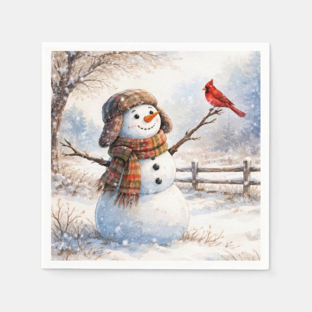 Snowman With Red Cardinal Bird Napkin (Front)