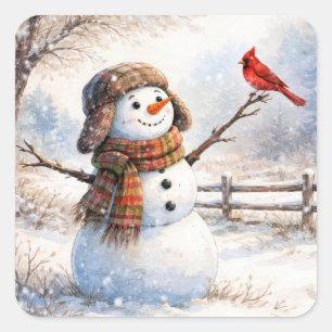 Snowman With Red Cardinal Bird Square Sticker