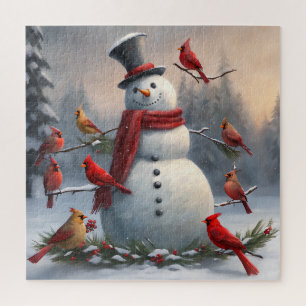 Snowman with Red Cardinals Snowy Jigsaw Puzzle