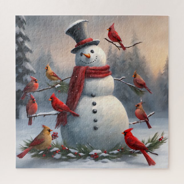 Snowman with Red Cardinals Snowy  Jigsaw Puzzle (Vertical)