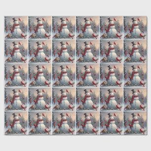 Snowman with Red Cardinals Snowy Wrapping Paper
