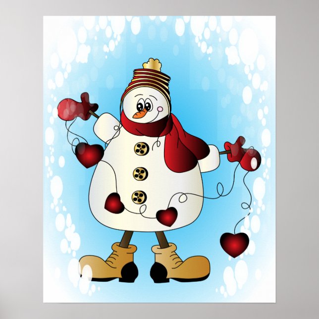 Snowman with Red Christmas Hearts Poster (Front)