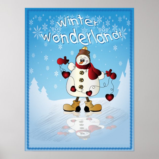 Snowman with Red Christmas Hearts Poster (Front)
