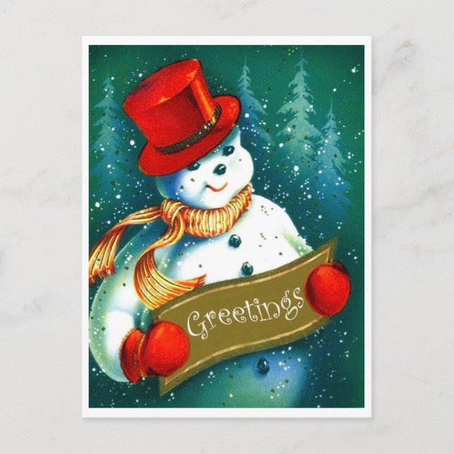 Snowman with red cylinder hat, holiday greetings postcard (Front)