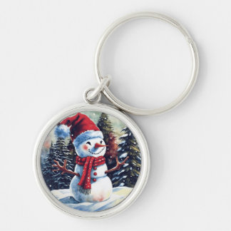 Snowman with red hot in front of trees  key ring