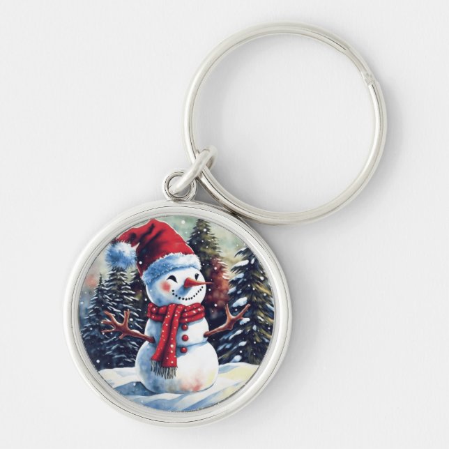 Snowman with red hot in front of trees  key ring (Front)