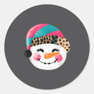 Snowman With Santa Hat And Leopard Pattern Classic Round Sticker