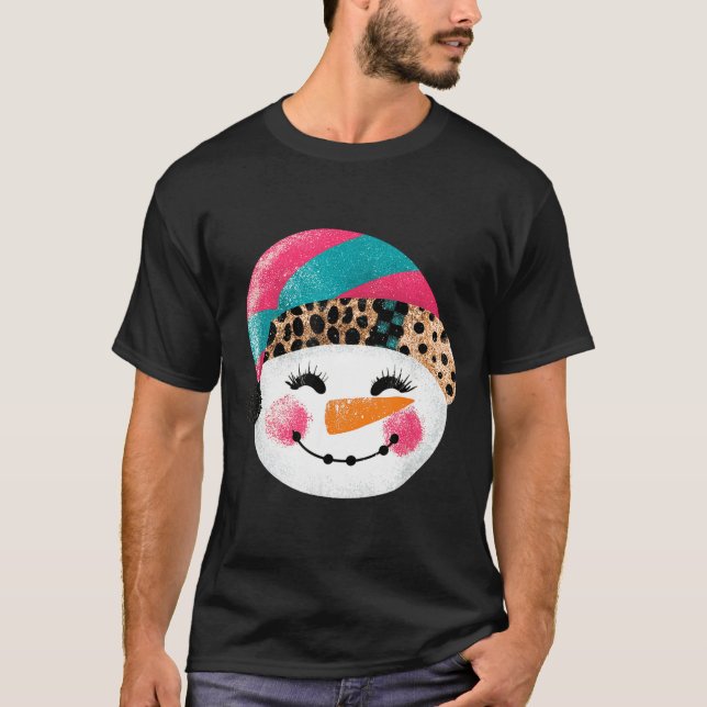 Snowman With Santa Hat And Leopard Pattern  T-Shirt (Front)