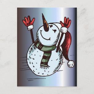 Snowman With Santa Hat - Carrot Nose - Green Scarf Holiday Postcard