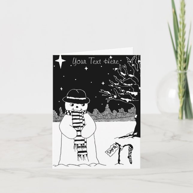 snowman with scarf and hat black and white art holiday card (Front)