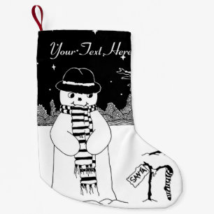 snowman with scarf and hat black and white art small christmas stocking