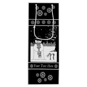 snowman with scarf and hat black and white art wine gift bag