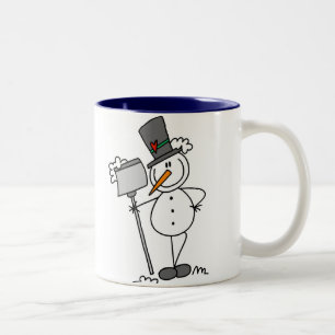 Snowman with Shovel Two-Tone Coffee Mug