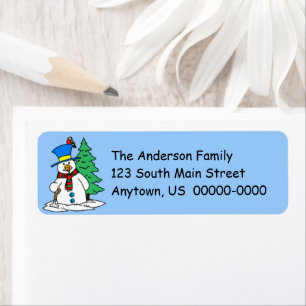 Snowman with snow and Pine Tree Return Address Label
