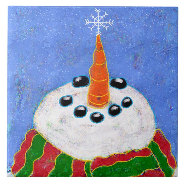 Snowman with Snowflake Abstract Art Ceramic Tile (Front)