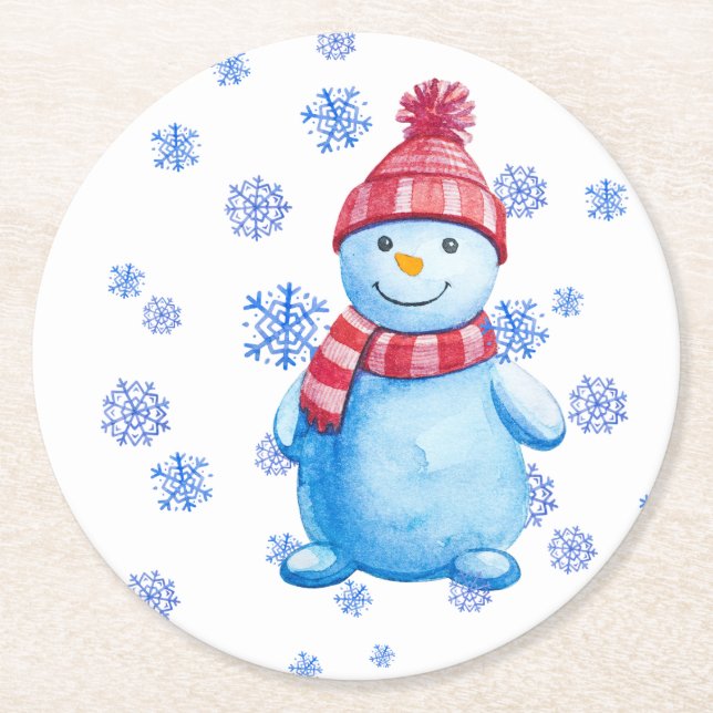 Snowman with snowflakes reusable round paper coaster (Front)