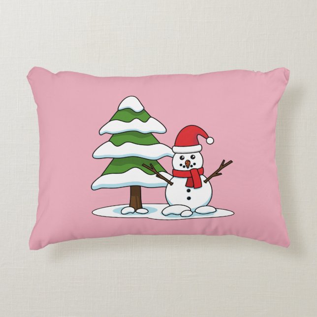 Snowman with Snowy Pine Tree Decorative Cushion (Front)