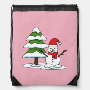 Snowman with Snowy Pine Tree Drawstring Bag