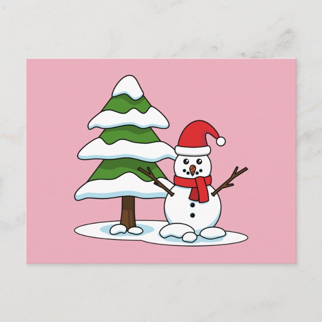 Snowman with Snowy Pine Tree Holiday Postcard (Front)