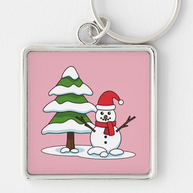 Snowman with Snowy Pine Tree Key Ring (Front)