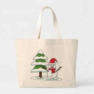 Snowman with Snowy Pine Tree Large Tote Bag