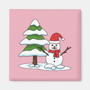 Snowman with Snowy Pine Tree Magnet