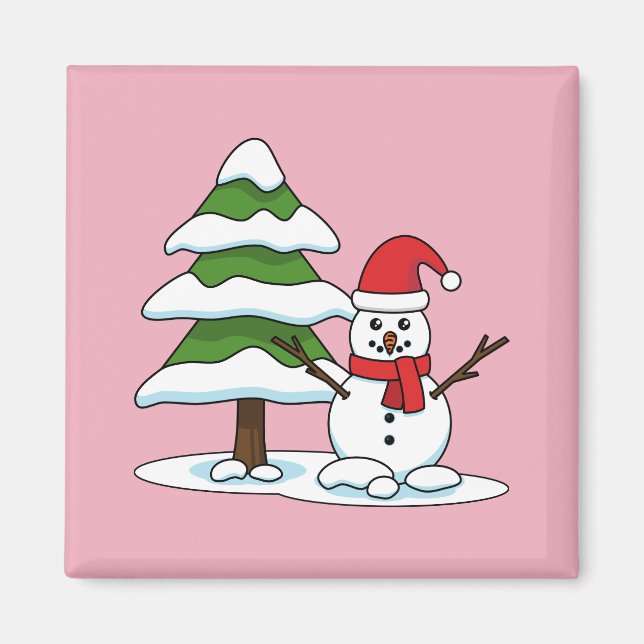 Snowman with Snowy Pine Tree Magnet (Front)