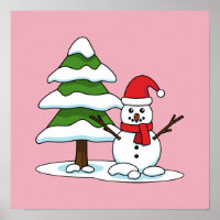 Snowman with Snowy Pine Tree