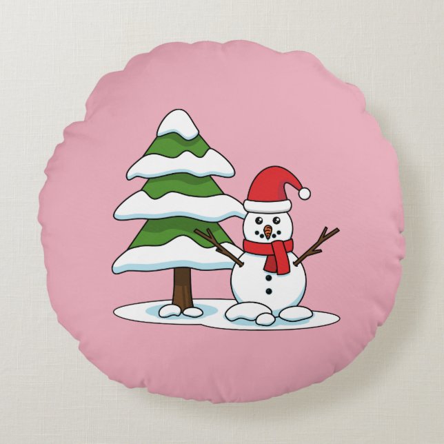 Snowman with Snowy Pine Tree Round Cushion (Front)