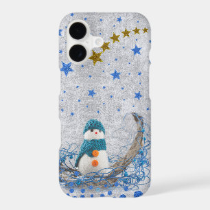 Snowman with sparkly blue stars on abstract silver