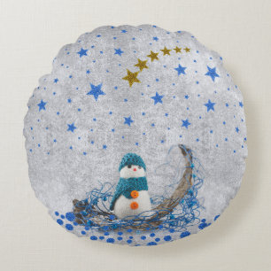 Snowman with sparkly blue stars round cushion