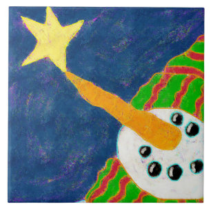 Snowman with Star Abstract Art Ceramic Tile