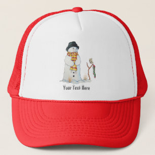 snowman with stocking in the snow christmas trucker hat