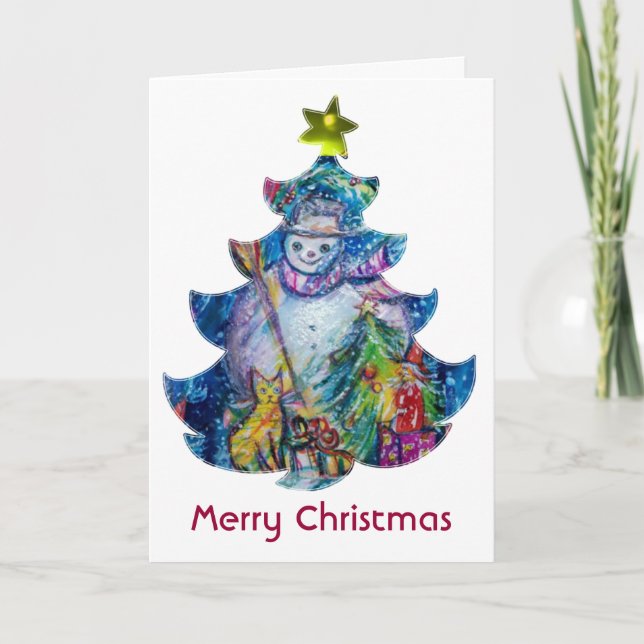 SNOWMAN WITH TOYS AND CHRISTMAS TREE HOLIDAY CARD (Front)