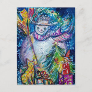 SNOWMAN WITH TOYS, white blue yellow Postcard