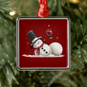 Snowman With Wine Christmas Gift Xmas Holiday  Metal Ornament